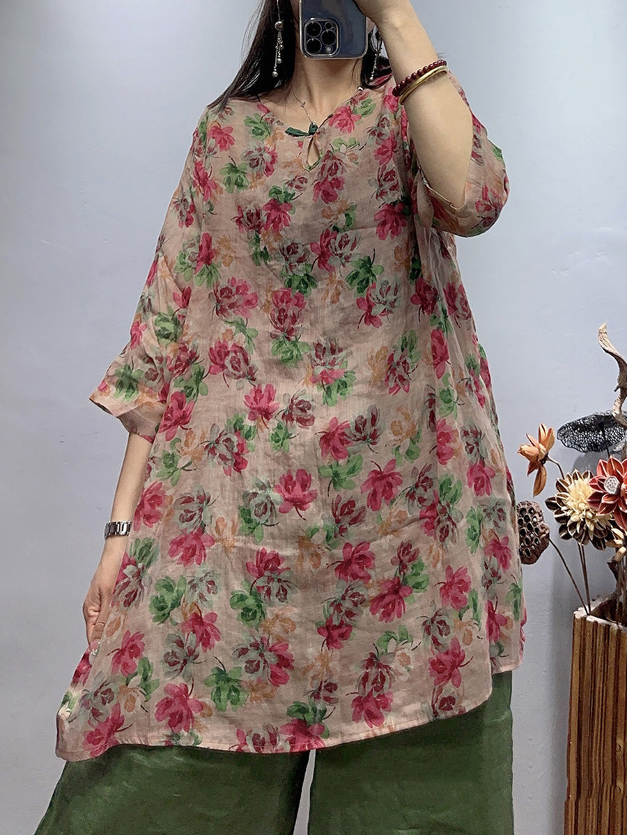 Plus Size Women Vintage Flower Summer Loose Ramie Shirt WE1030