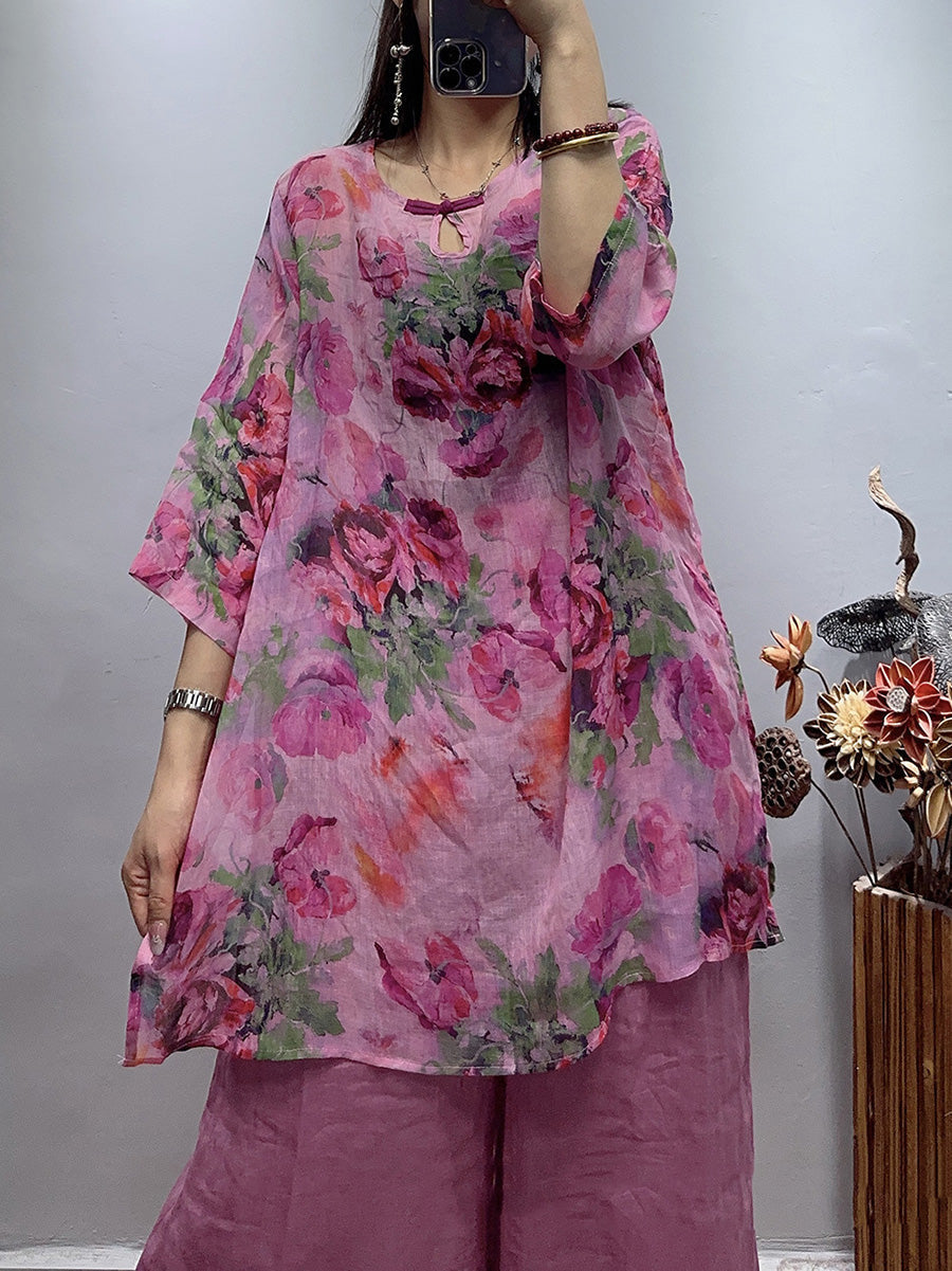 Plus Size Women Vintage Flower Summer Loose Ramie Shirt WE1030