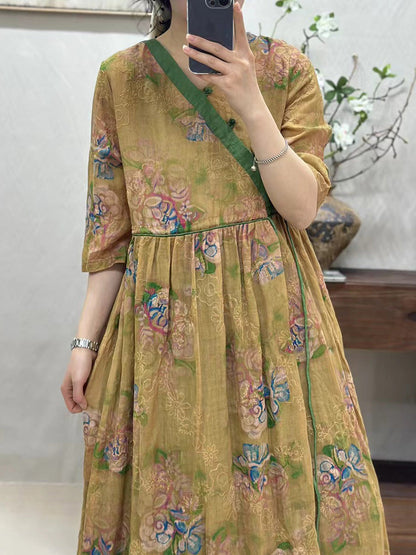 Robe vintage en lin à fleurs pour femme CO1002