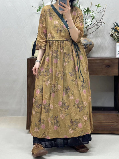 Robe vintage en lin à fleurs pour femme CO1002