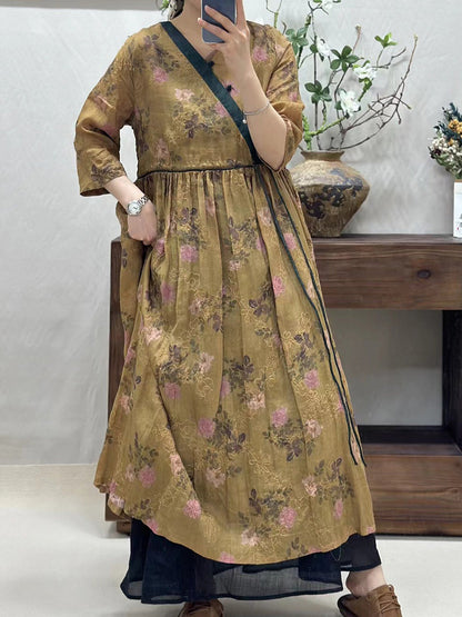 Robe vintage en lin à fleurs pour femme CO1002