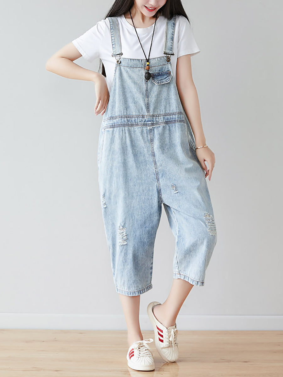 Women Retro Frayed Solid Claf-Length Denim Jumpsuits CO1019