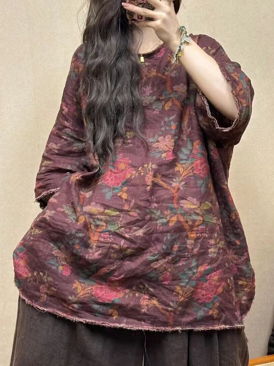 Women Vintage Flower Linen Summer Loose Shirt CO1018