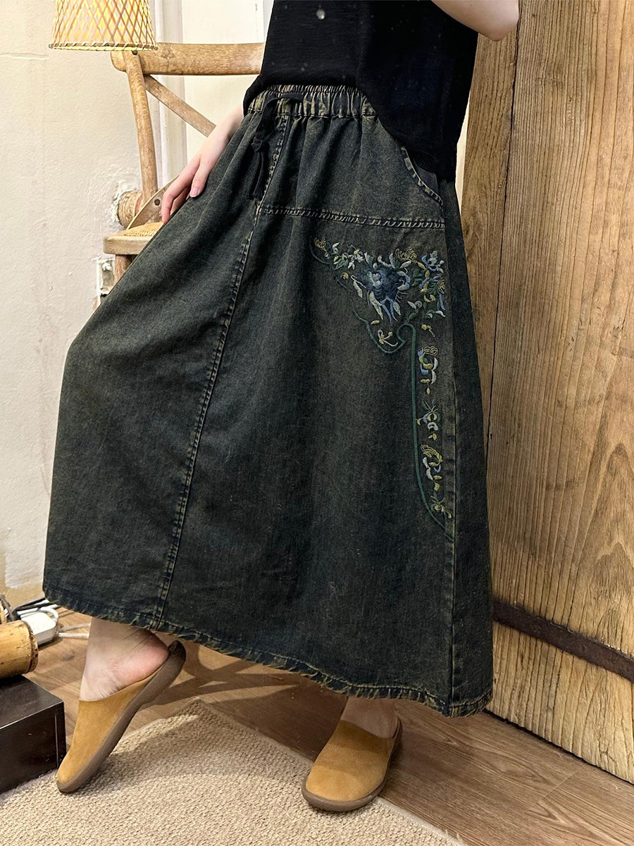 Women Summer Vintage Floral Embroidery Denim Skirt PA1008