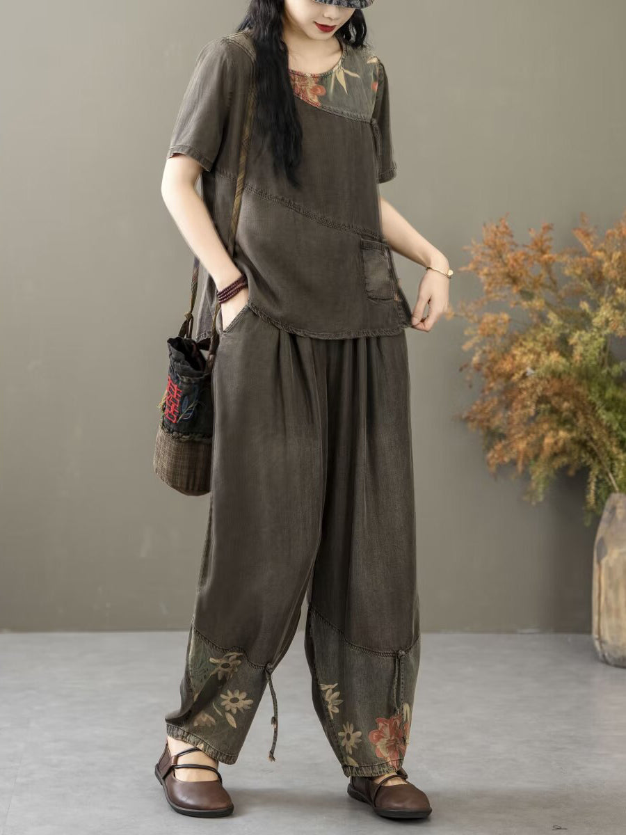 Women Summer Vintage Spliced Worn Shirt+Pants PA1021