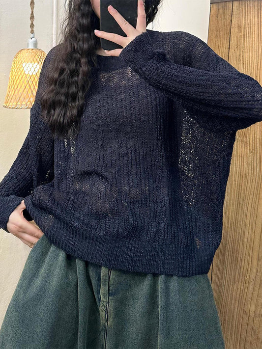 Lässiges, einfarbiges, gestricktes O-Ausschnitt-Langarmhemd für Damen PA1010