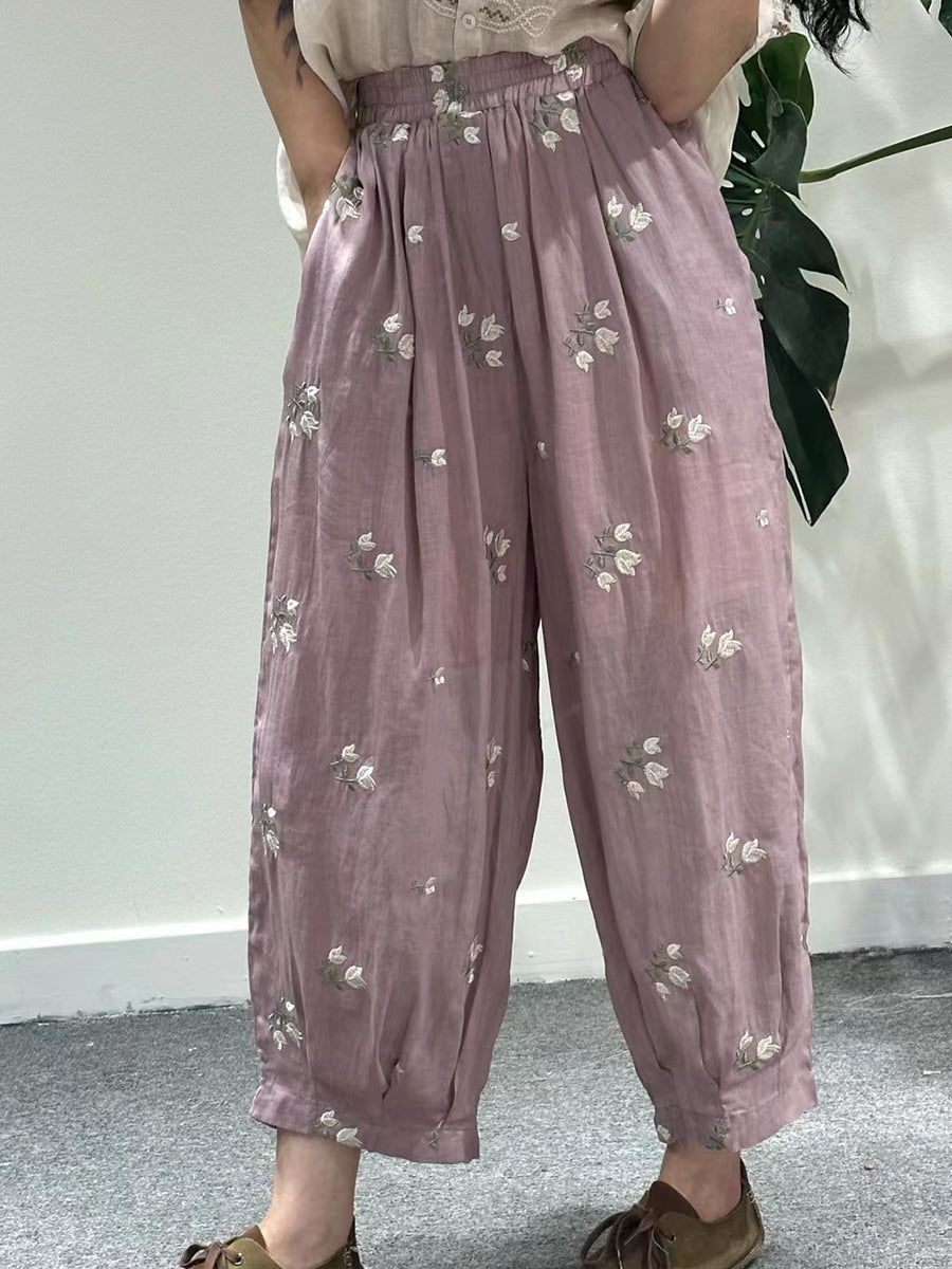 Women Artsy Summer Flower Embroidery Ramie Harem Pants KL1018