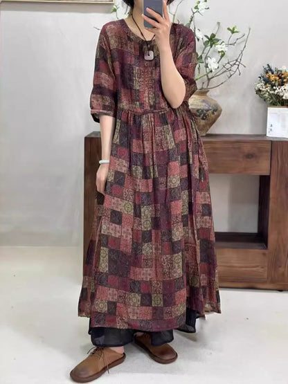 Robe ample à carreaux floraux vintage pour femme en ramie KL1025