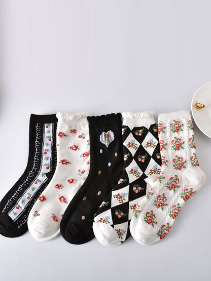 Lot de 5 paires de chaussettes d'été en jacquard à fleurs artistiques pour femmes KL1038