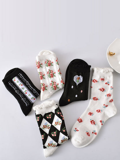 Lot de 5 paires de chaussettes d'été en jacquard à fleurs artistiques pour femmes KL1038