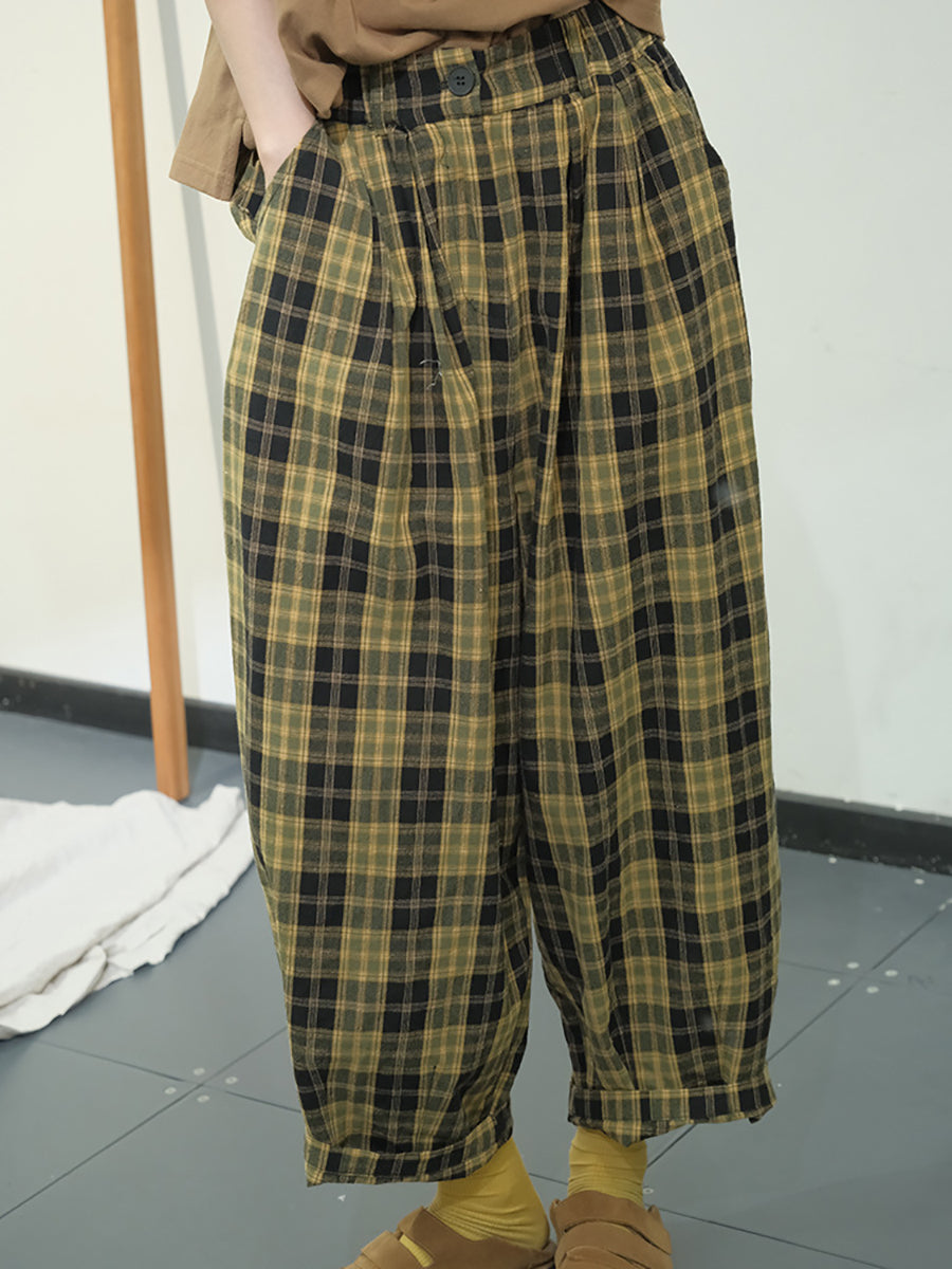 Women Casual Plaid Summer Cotton Loose Harem Pants KL1049