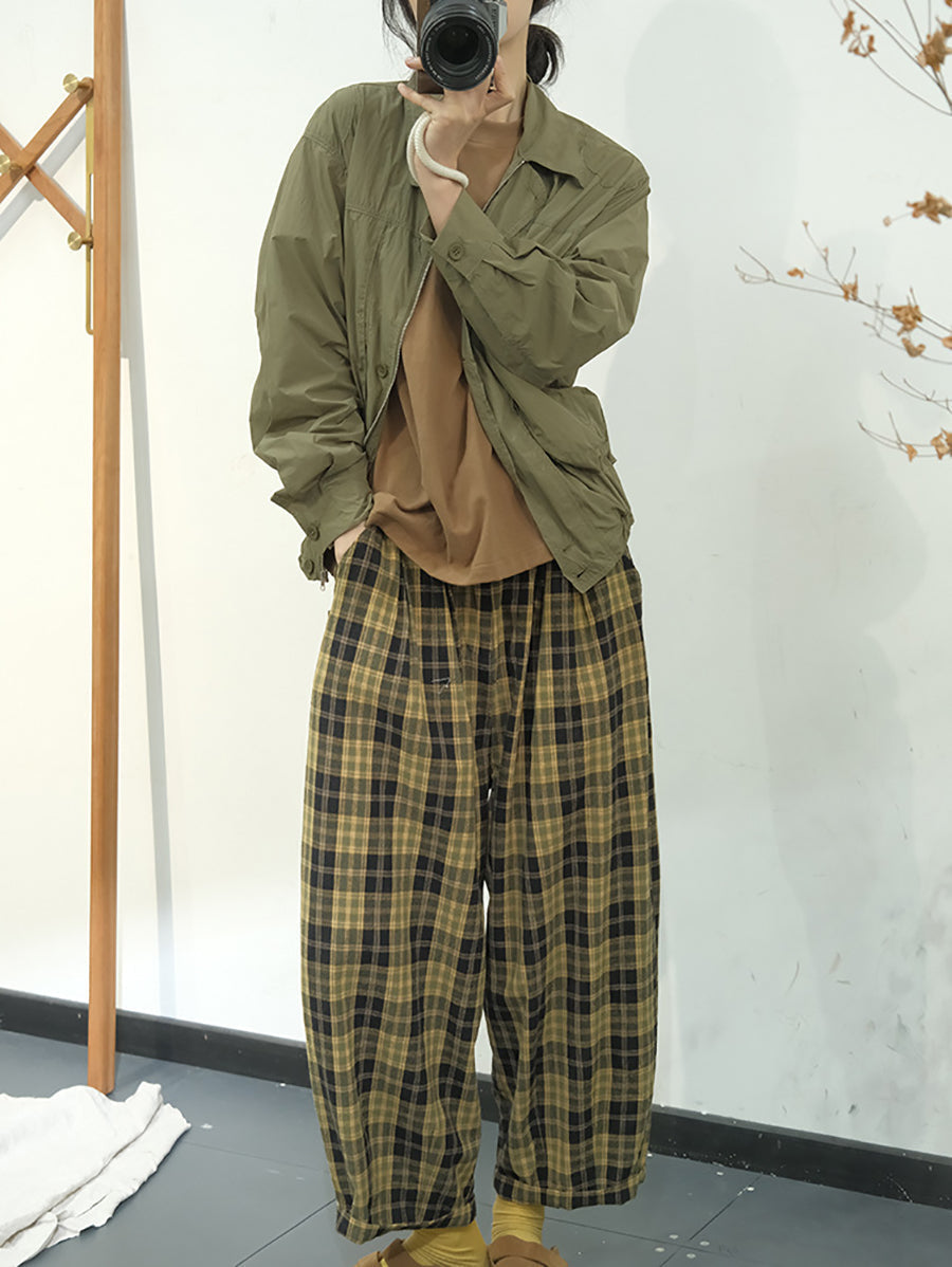 Women Casual Plaid Summer Cotton Loose Harem Pants KL1049