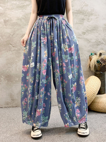 Pantalon large en denim à imprimé floral pour femme KL1055