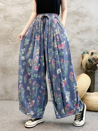 Pantalon large en denim à imprimé floral pour femme KL1055