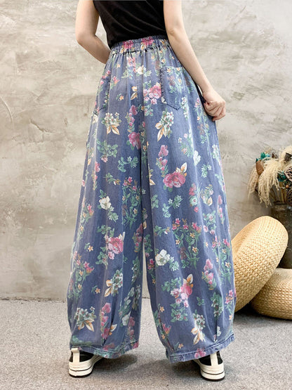 Pantalon large en denim à imprimé floral pour femme KL1055