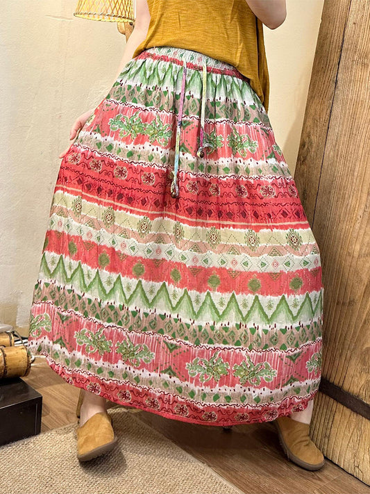 Women Summer Artsy Leaf Linen A-Shape Skirt KL1005
