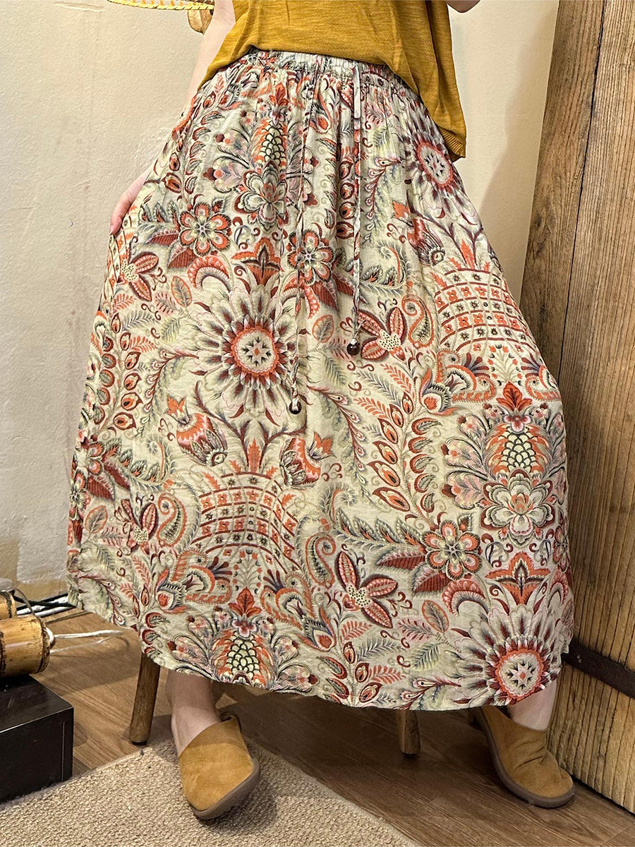 Women Summer Artsy Leaf Linen A-Shape Skirt KL1005