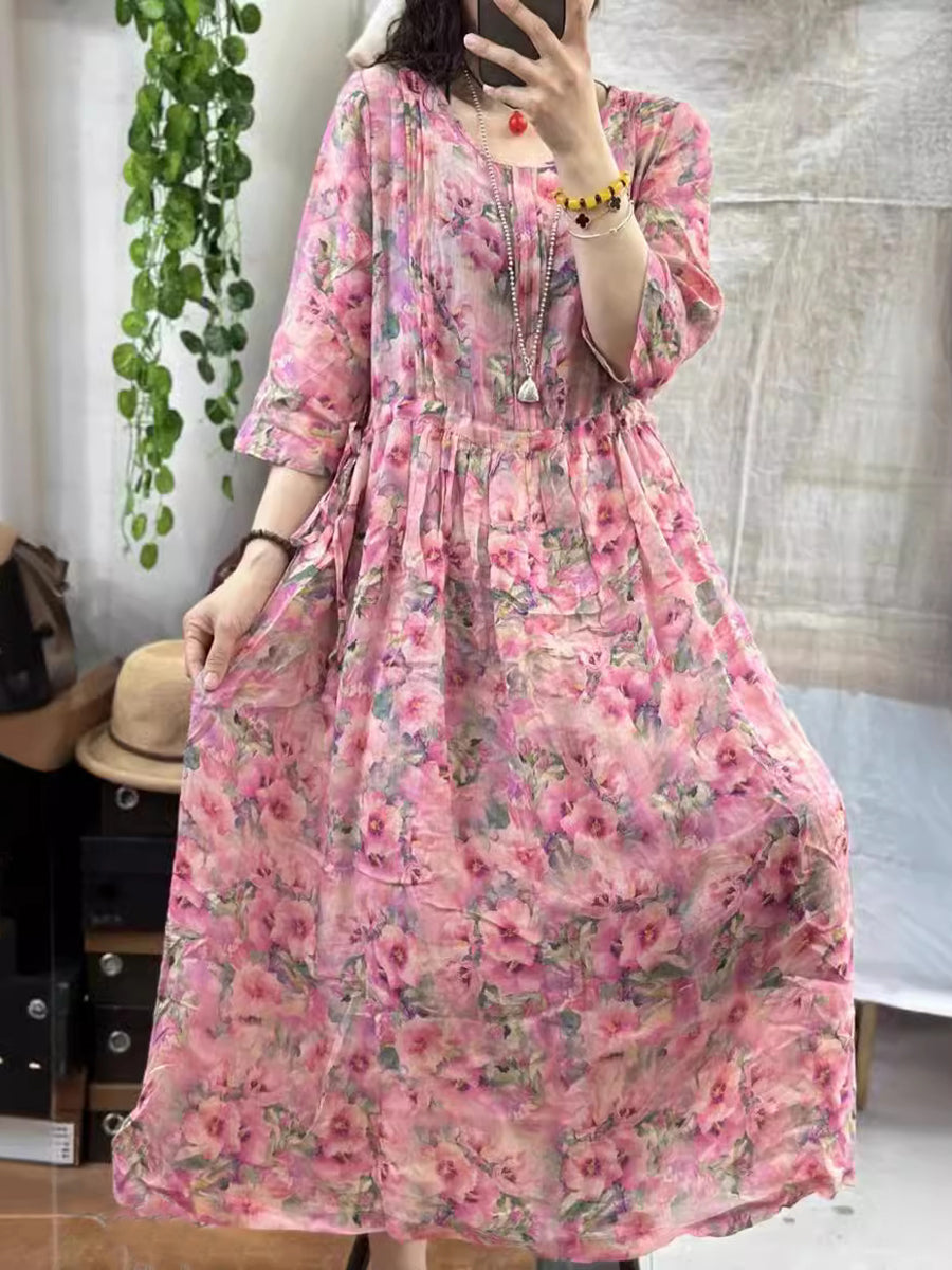 Women Vintage Flower Shirred Ramie Summer Loose Dress KL1004