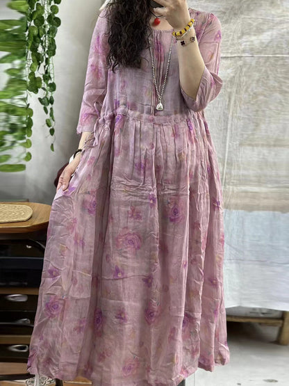 Robe d'été ample à fleurs vintage pour femmes, en ramie froncée, KL1004