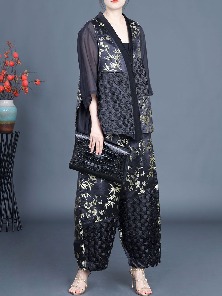 Women Summer Ethnic Flower Spliced Shirt+Pants KL1015