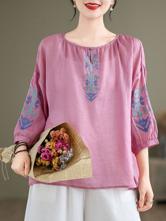 Women Artsy Summer Embroidery O-Neck Ramie Blouse KL1019
