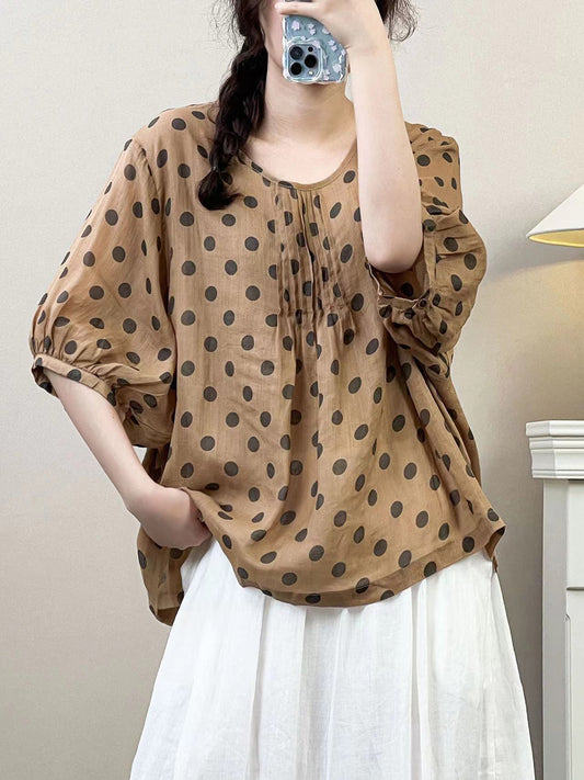 Women Summer Artsy Dot Shirred Ramie Loose Shirt SC1035