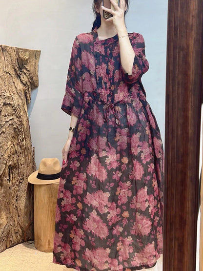 Robe ample d'été à fleurs vintage en ramie pour femmes SC1020