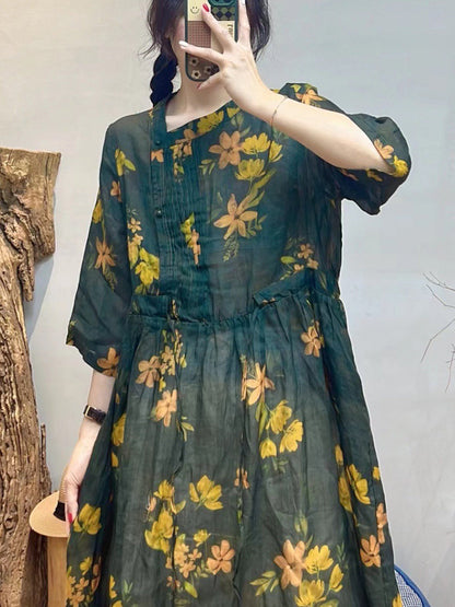 Robe ample d'été à fleurs vintage en ramie pour femmes SC1020