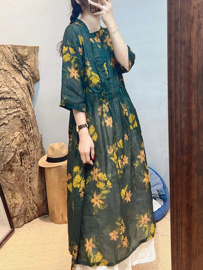 Robe ample d'été à fleurs vintage en ramie pour femmes SC1020