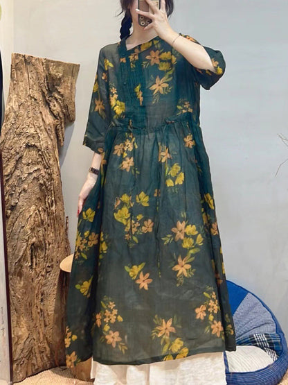 Robe ample d'été à fleurs vintage en ramie pour femmes SC1020