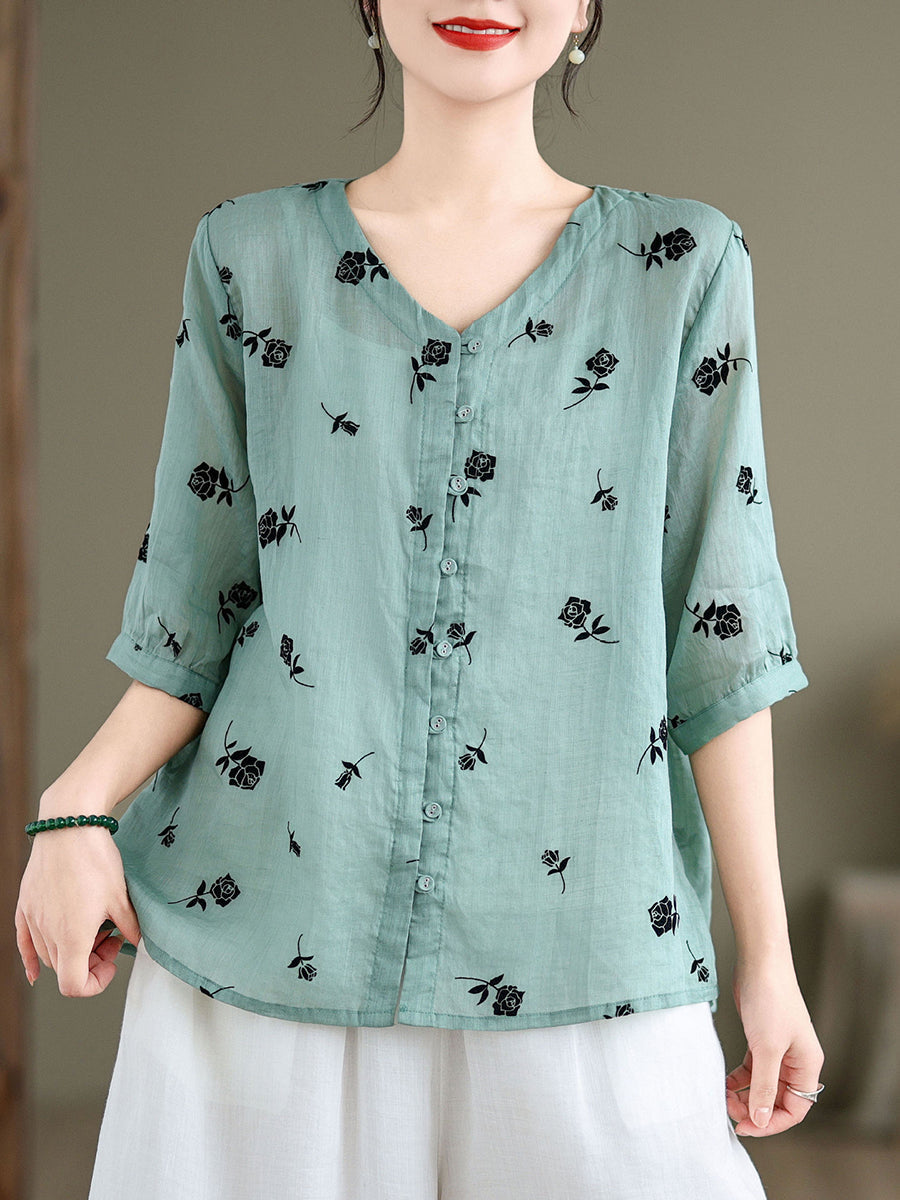 Women Spring Vintage Floral Ramie Button-up Shirt SC1024