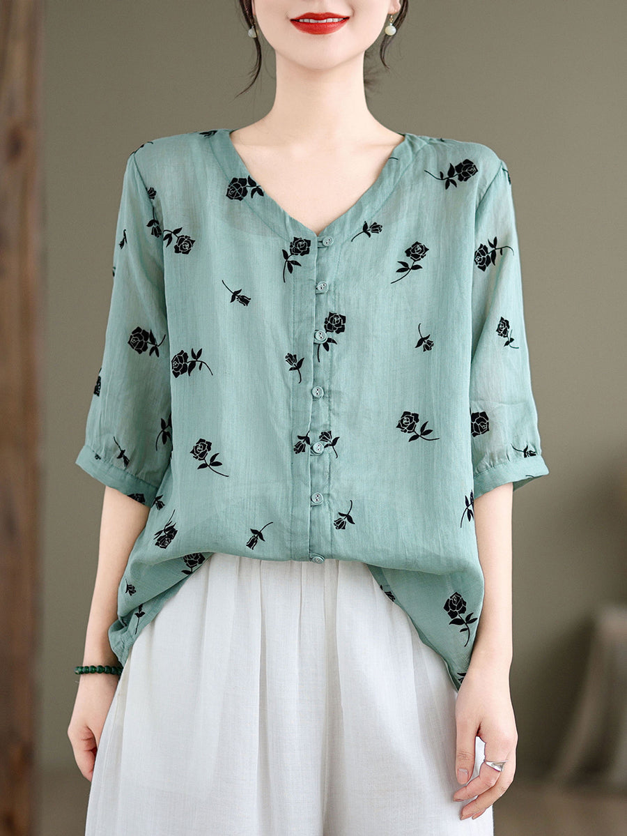 Women Spring Vintage Floral Ramie Button-up Shirt SC1024