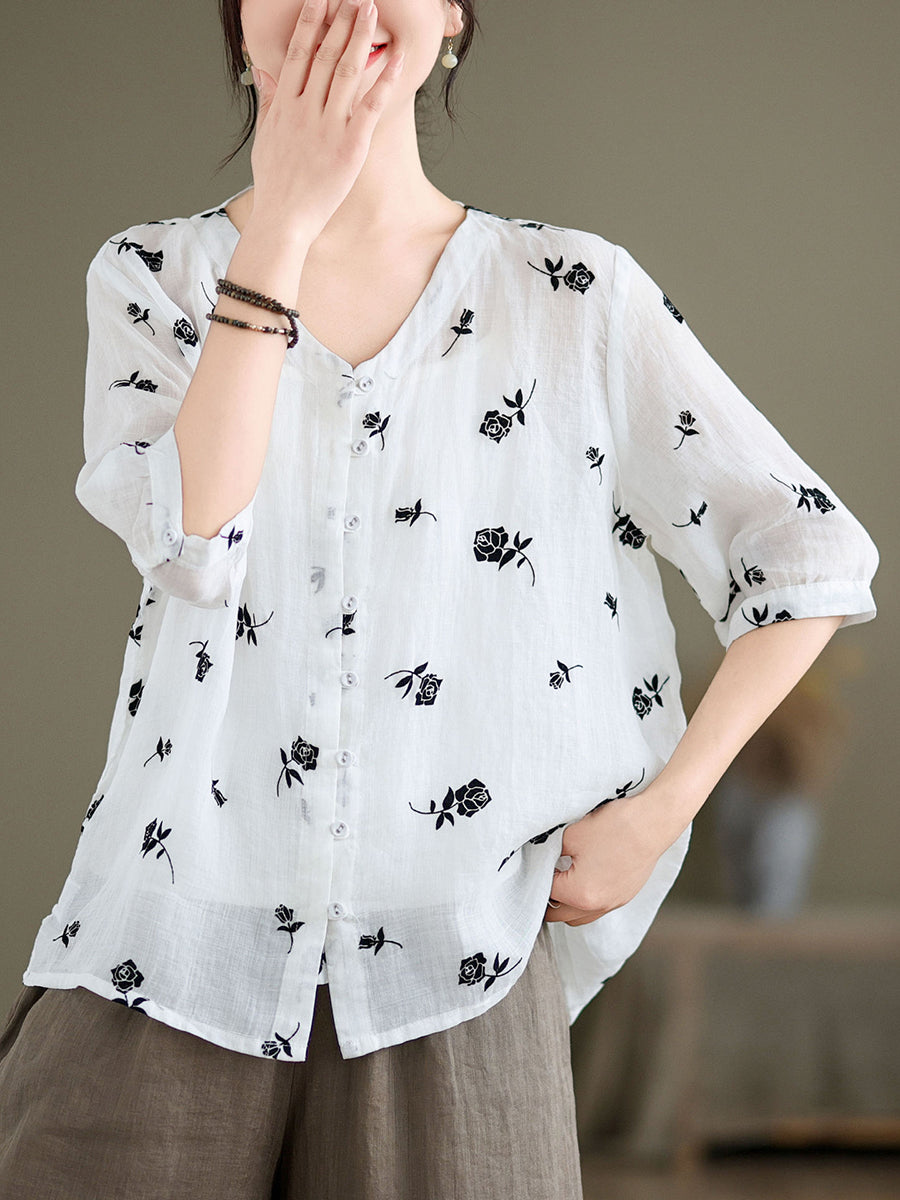 Women Spring Vintage Floral Ramie Button-up Shirt SC1024