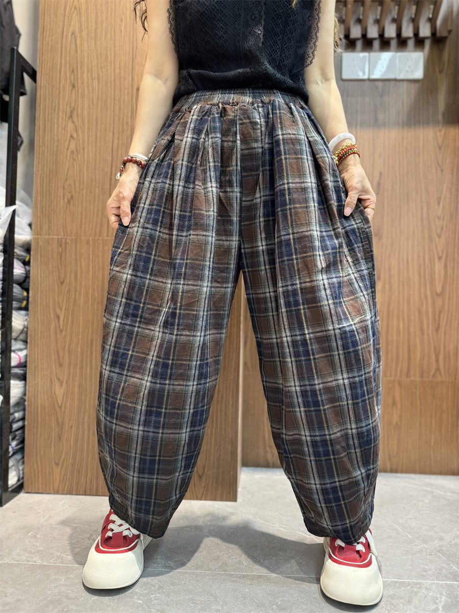 Plus Size Women Vintage Summer Plaid Cotton Linen Harem Pants SC1030