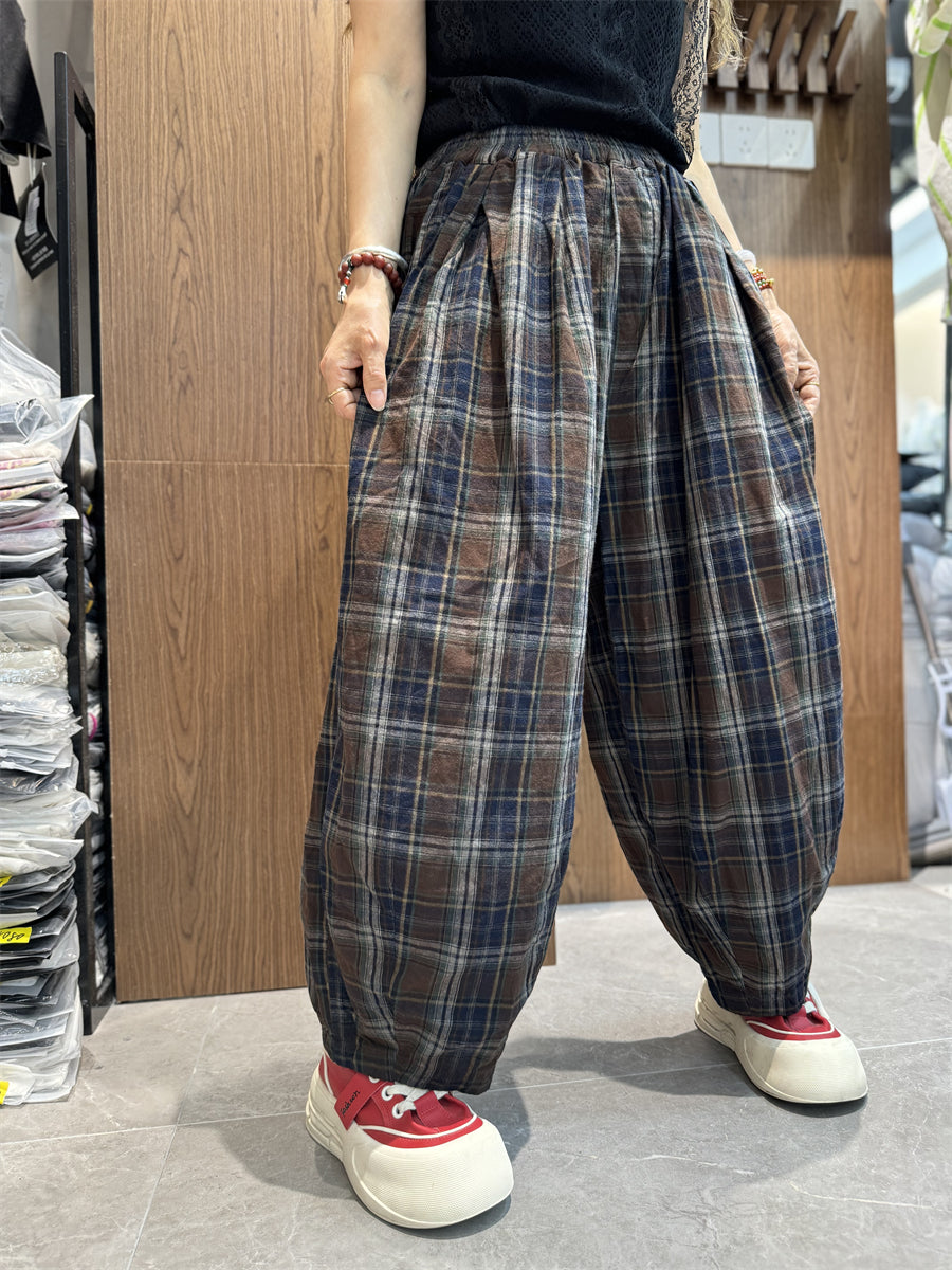 Plus Size Women Vintage Summer Plaid Cotton Linen Harem Pants SC1030