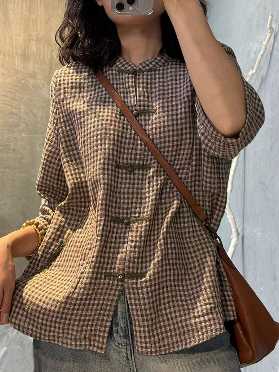 Plus Size Women Retro Plaid Summer Cotton Button-up Shirt BN1028