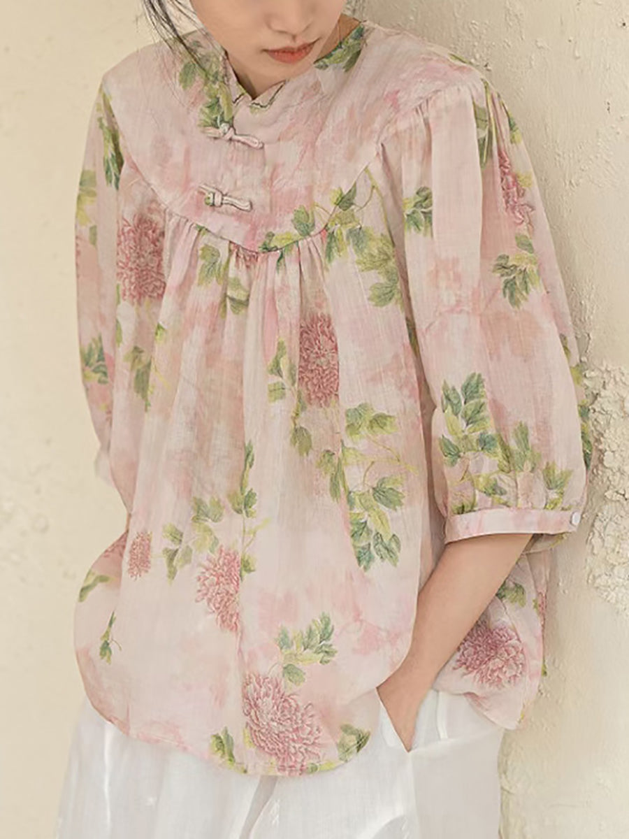 Women Summer Artsy Floral Ramie Loose Shirt XX1033