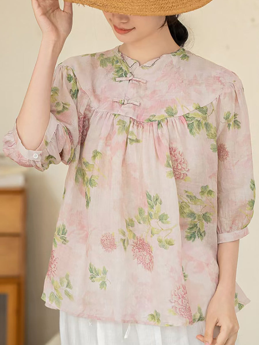 Women Summer Artsy Floral Ramie Loose Shirt XX1033