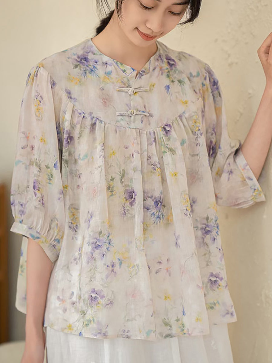 Women Summer Artsy Floral Ramie Loose Shirt XX1033