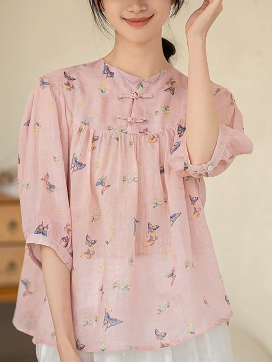 Women Summer Artsy Floral Ramie Loose Shirt XX1033