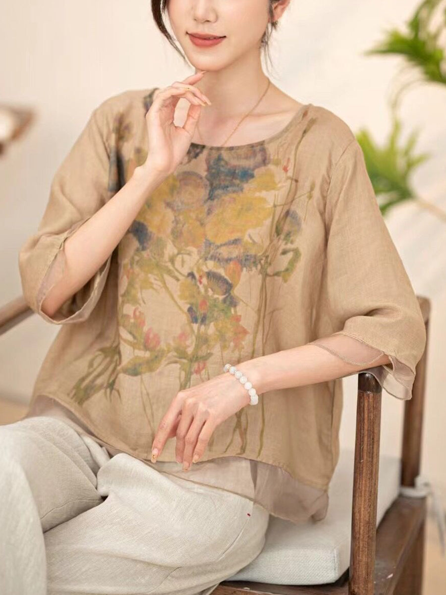 Women Summer Vintage Flower Spliced O-Neck Shirt XX1034