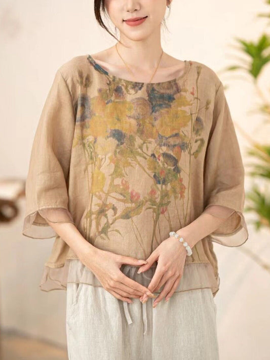 Women Summer Vintage Flower Spliced O-Neck Shirt XX1034