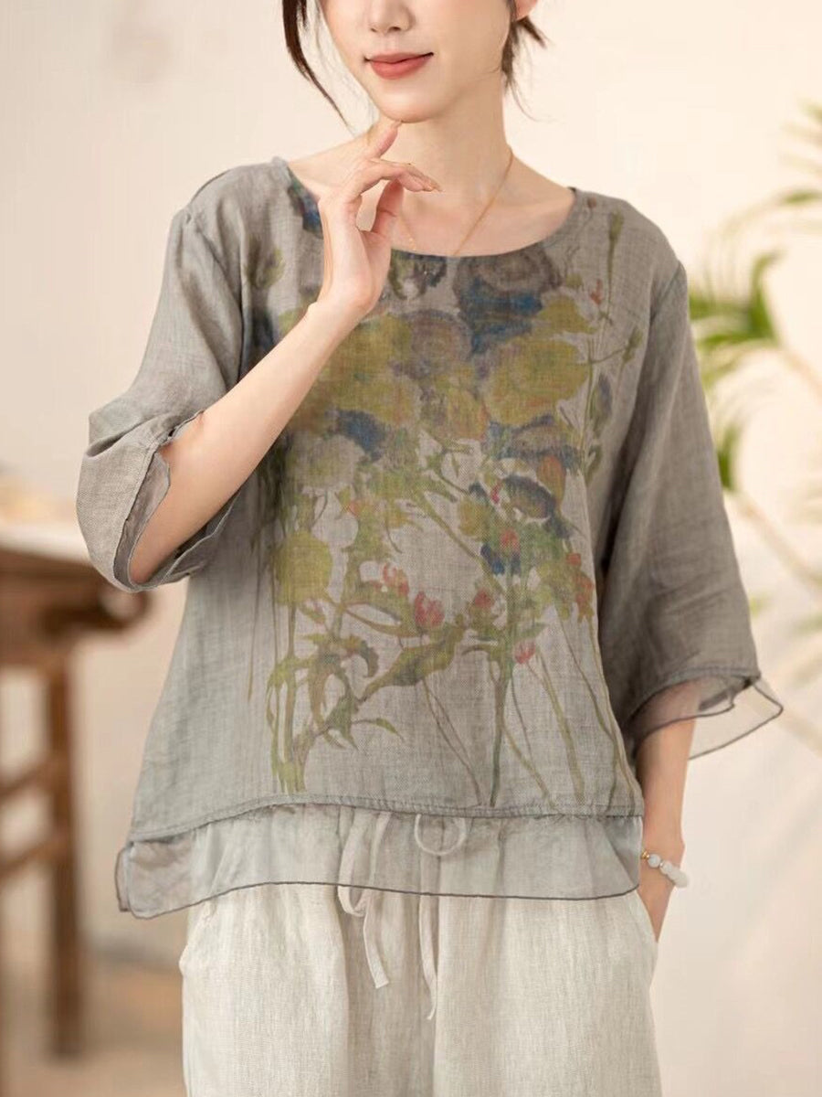 Women Summer Vintage Flower Spliced O-Neck Shirt XX1034