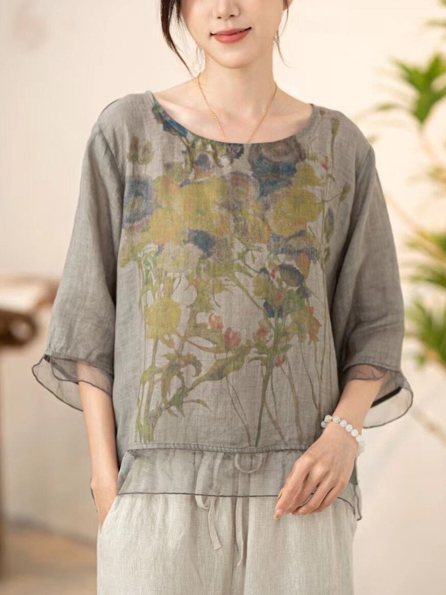 Women Summer Vintage Flower Spliced O-Neck Shirt XX1034