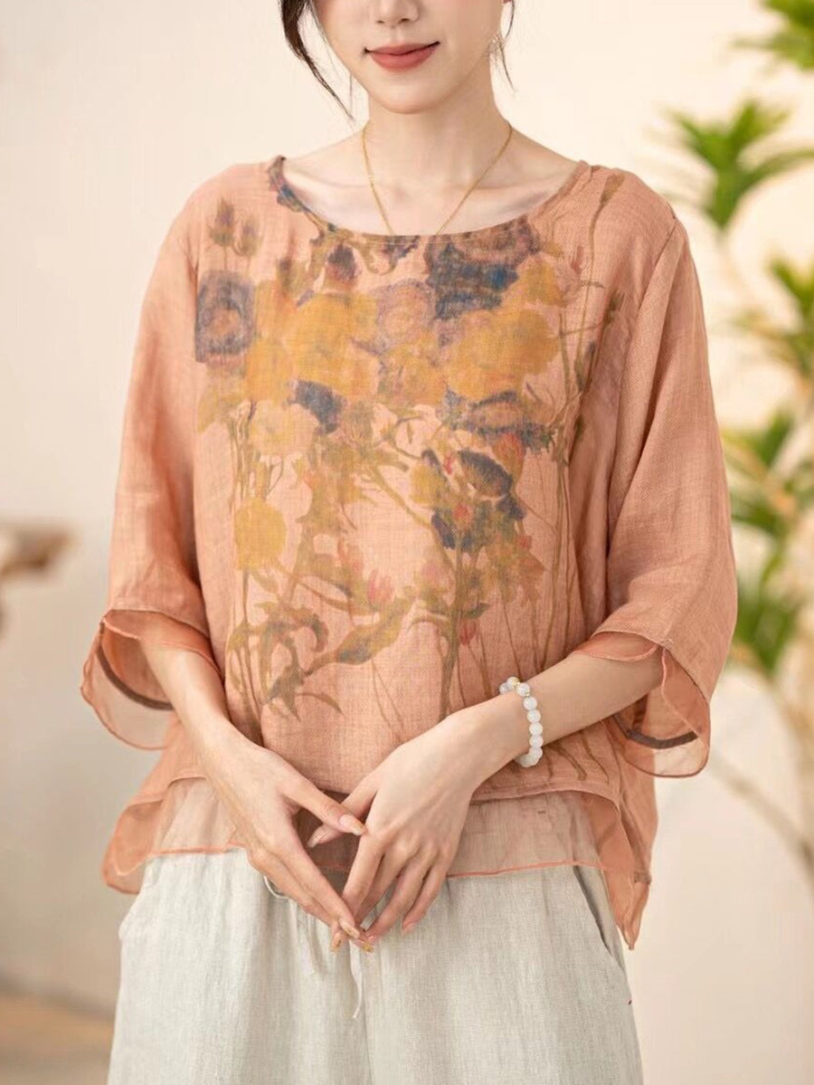 Women Summer Vintage Flower Spliced O-Neck Shirt XX1034