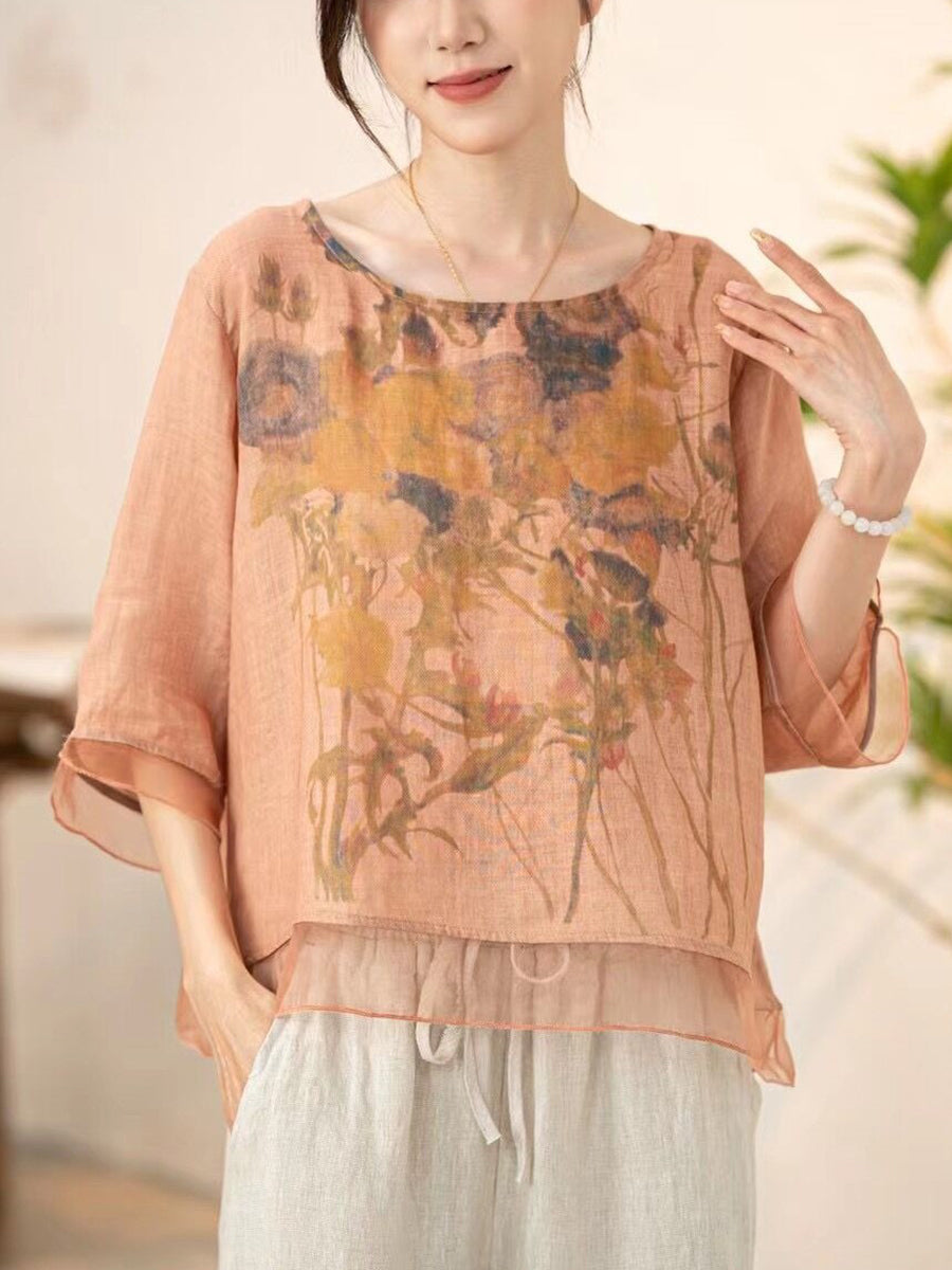 Women Summer Vintage Flower Spliced O-Neck Shirt XX1034