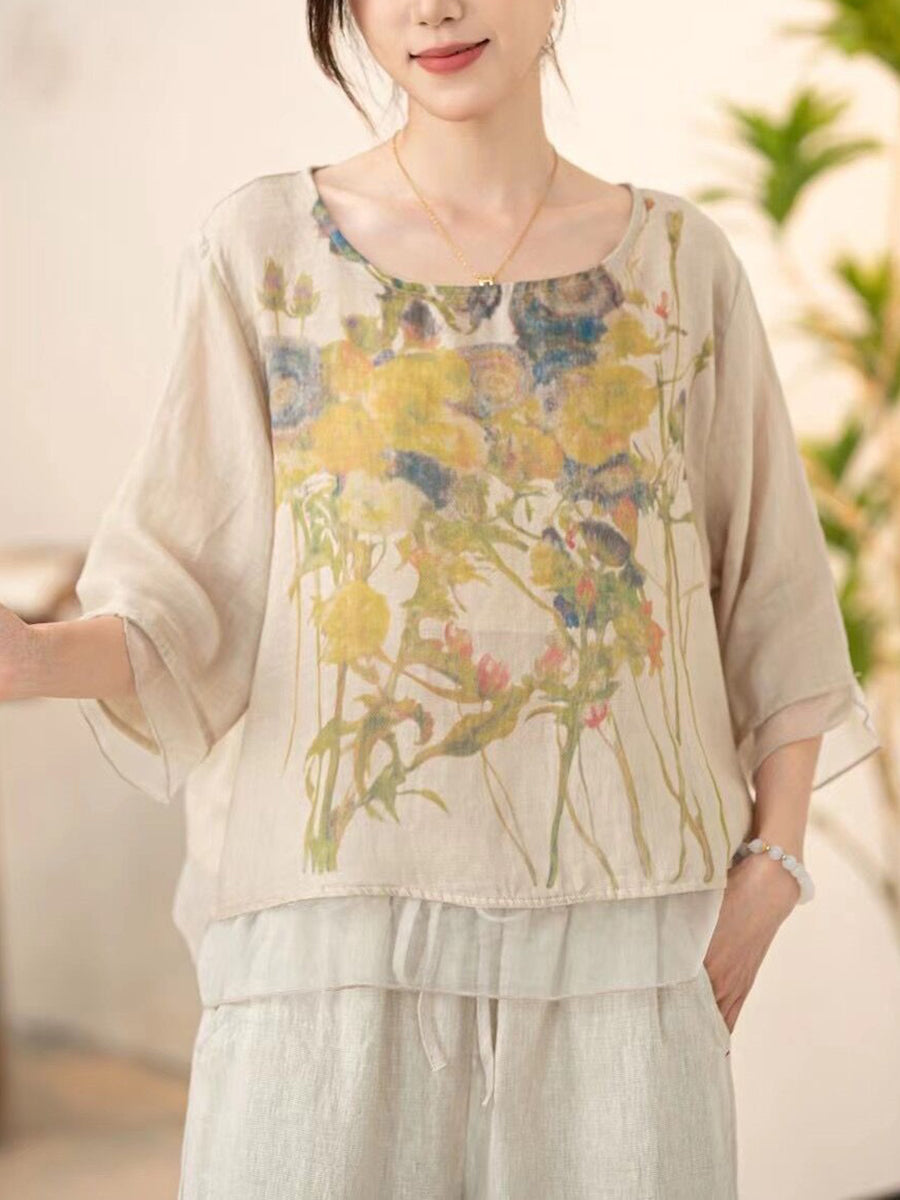 Women Summer Vintage Flower Spliced O-Neck Shirt XX1034