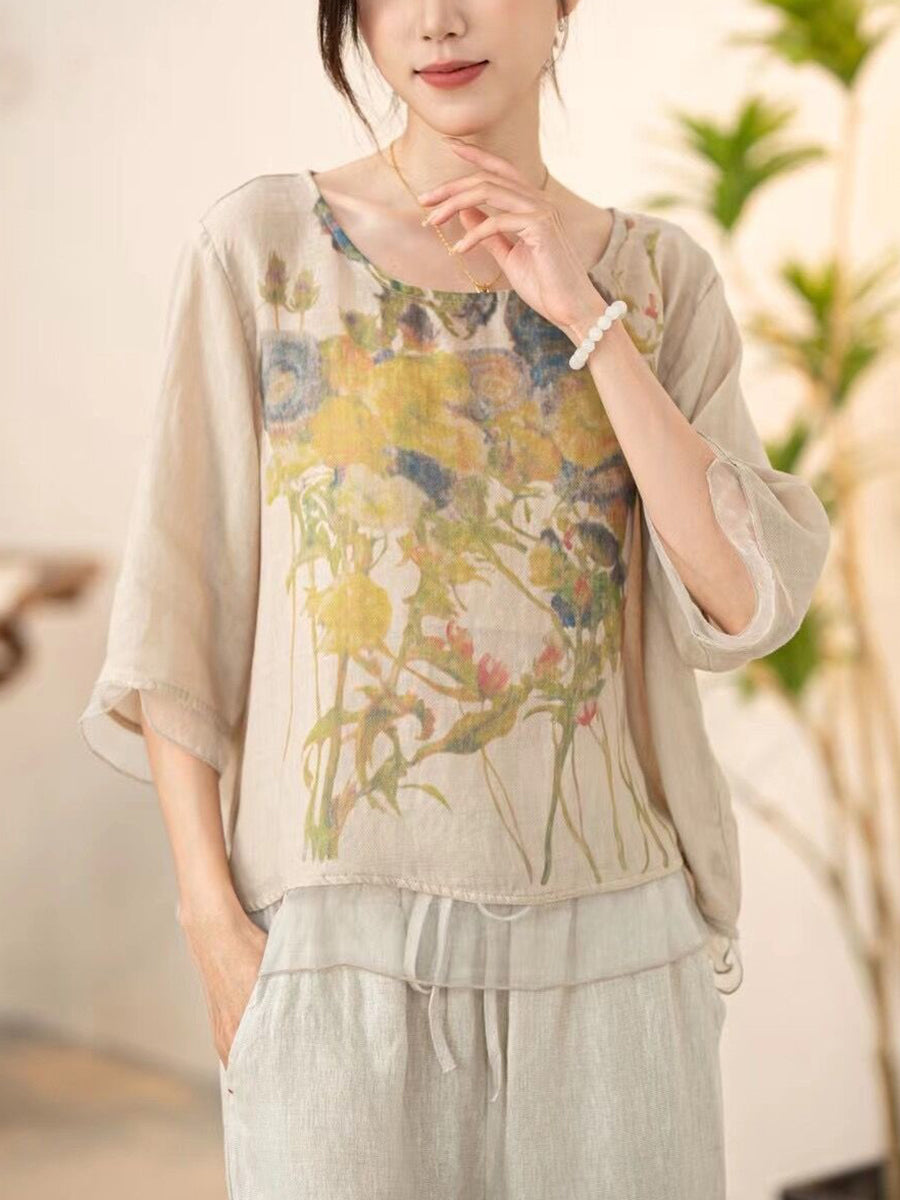 Women Summer Vintage Flower Spliced O-Neck Shirt XX1034