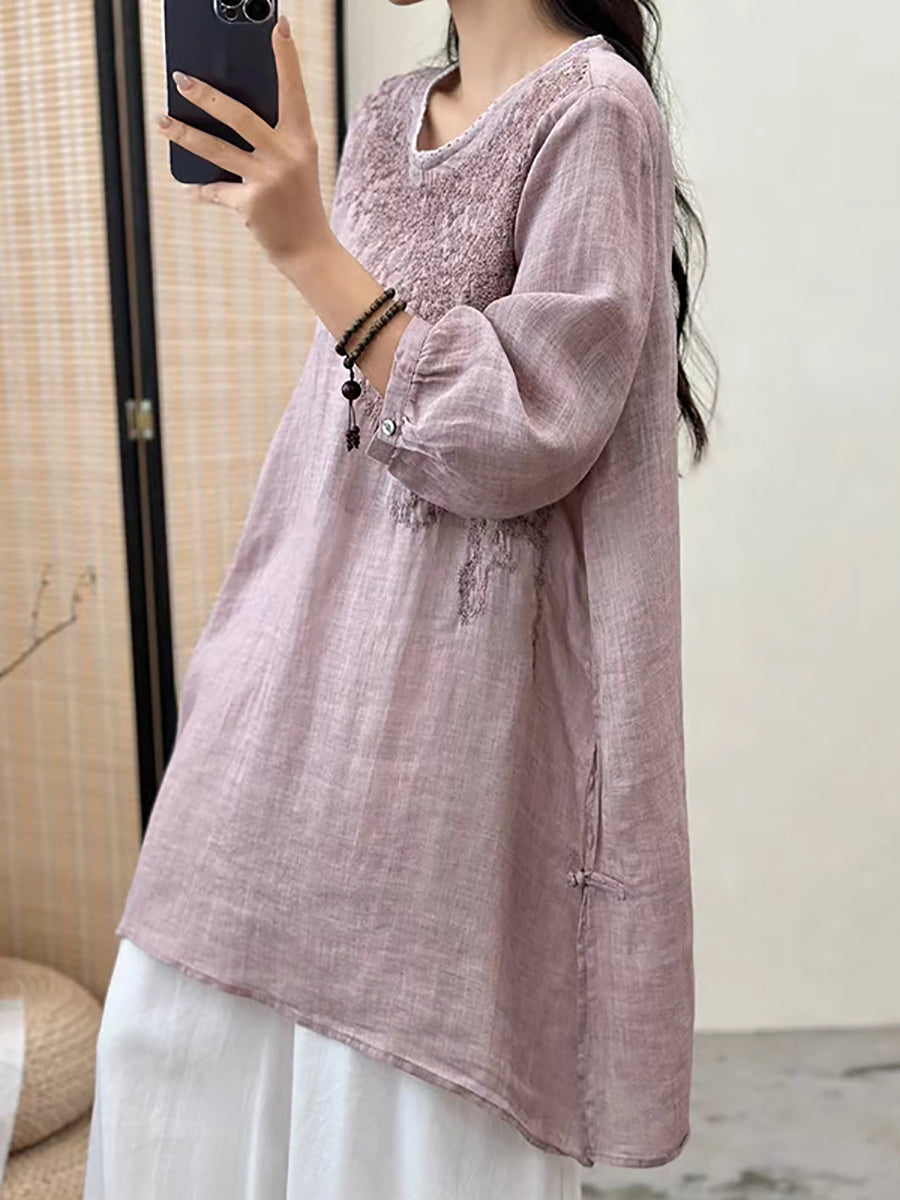 Women Summer Floral Embroidery Ramie Loose Shirt XX1036