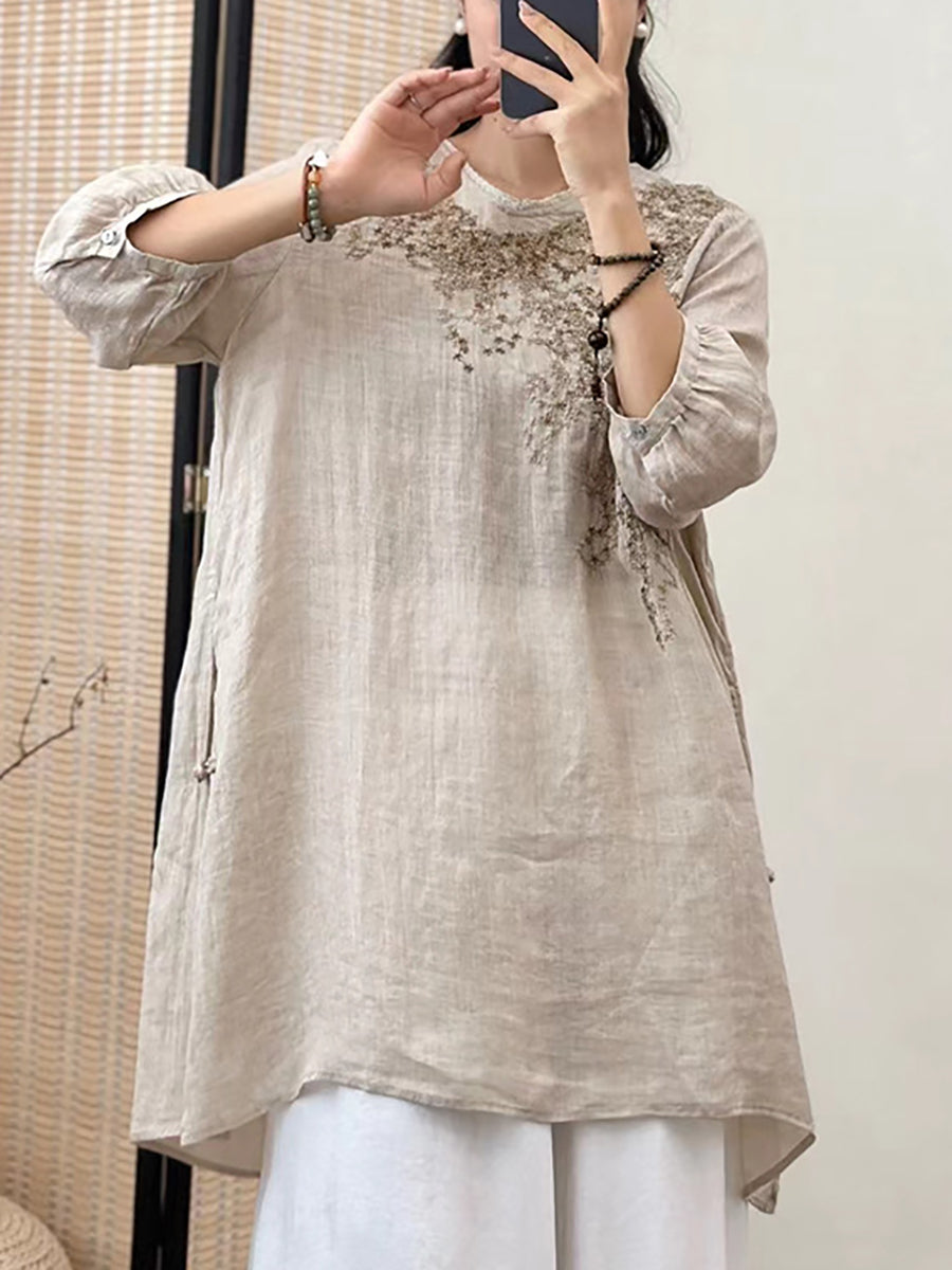 Women Summer Floral Embroidery Ramie Loose Shirt XX1036